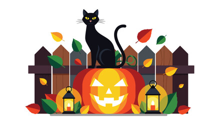 Vector illustration of a black cat sitting on a carved jack-o’-lantern with glowing lanterns and autumn leaves, perfect for Halloween decorations, seasonal posters, and festive marketing