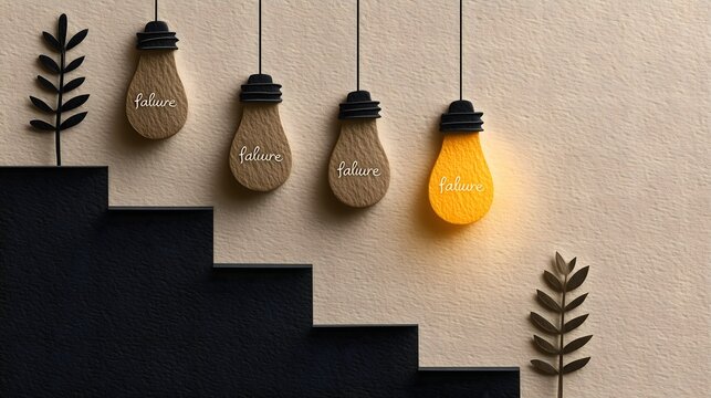 Light bulb ideas displayed on dark staircase