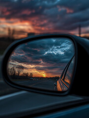 Car rearview mirror sunset view with open book and clouds