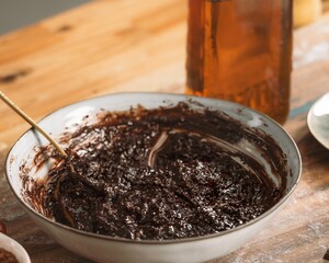 A close-up view shows the dark, rich chocolate filling for Cozonac being thoroughly mixed in a bowl, ready to be used in the baking of this traditional sweet bread