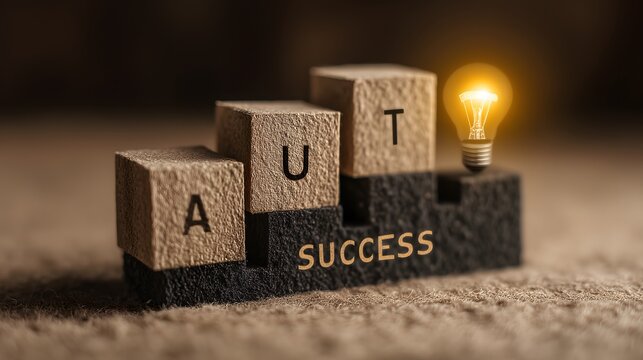 Success blocks with glowing light bulb on stairs