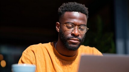 Man sitting at outdoor cafe table with laptop.