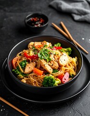 Asian noodle dish with chicken and vegetables