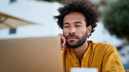 Man using laptop in cafe.