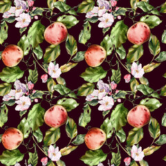 Seamless watercolor pattern with apples, branches, and leaves. Perfect for textile design, wallpaper, wrapping paper, kitchen decor, packaging, autumn themes, and botanical illustrations.