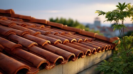 Close up of weathered terracotta roof tiles overlooking a distant town