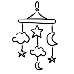 Baby cloud mobile clouds with dangling raindrops and stars baby shower line art doodle illustration hand drawn black and white outline sketch for invitations stickers patterns and crafts