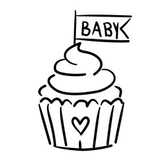 Cupcake with baby topper simple cupcake with Baby flag baby shower line art doodle illustration hand drawn black and white outline sketch for invitations stickers patterns and crafts