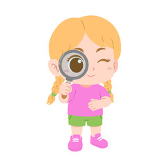 illustration of a little cute girl holding a magnifying glass on an isolated transparent background