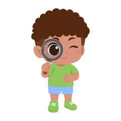 illustration of a little cute boy holding a magnifying glass on an isolated transparent background