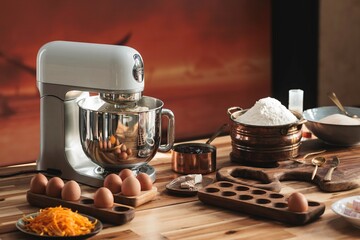 A Stand Mixer mixes the ingredients for Cozonac, a traditional Easter bread. Eggs, flour, sugar, and yeast are arranged on a wooden countertop, ready to be added to the dough