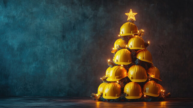 Christmas tree made of yellow construction helmets with glowing star and lights, celebrating Christmas in the construction industry, with a festive atmosphere and bokeh effect in a dark background