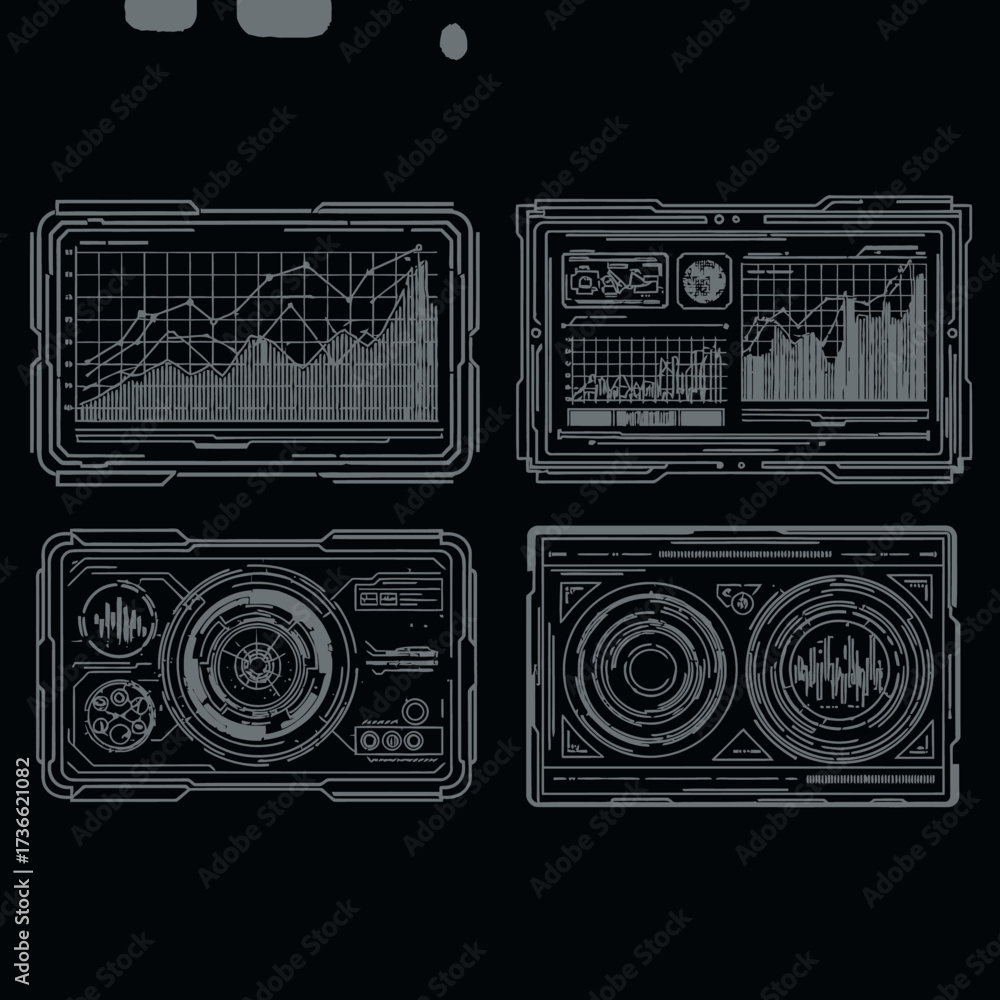 Wall mural Set of four futuristic user interface panels with data visualizations, graphs, and circular HUD elements on a dark background.
