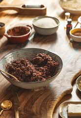 A delicious, homemade cozonac filling is being mixed in a bowl. Sugar, cocoa powder and other baking ingredients are arranged on the rustic, wooden table ready for the baking process