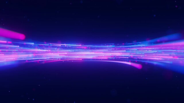 Big data light speed direct flow to right. Abstract digital data stream of quantum computing. Cyberspace of qubit trails. Modern tech information transmission.