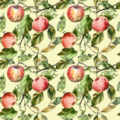 Seamless watercolor pattern with apples, branches, and leaves. Perfect for textile design, wallpaper, wrapping paper, kitchen decor, packaging, autumn themes, and botanical illustrations.
