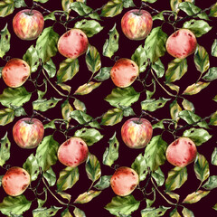 Seamless watercolor pattern with apples, branches, and leaves. Perfect for textile design, wallpaper, wrapping paper, kitchen decor, packaging, autumn themes, and botanical illustrations.
