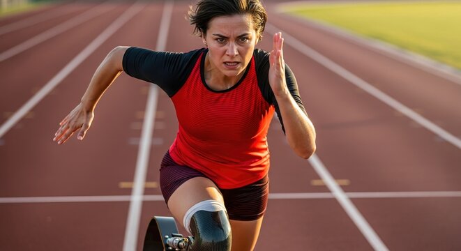 Determined Female Athlete with Prosthetic Running on Track