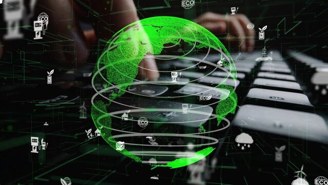 A creative illustration featuring a digital globe surrounded by eco-friendly icons above a keyboard, symbolizing the connection between technology and sustainability efforts. Xenic