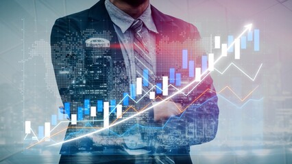 A confident business professional stands with arms crossed, depicted against a backdrop of dynamic graphs and data, symbolizing financial growth and market analysis. Copula