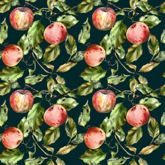 Seamless watercolor pattern with apples, branches, and leaves. Perfect for textile design, wallpaper, wrapping paper, kitchen decor, packaging, autumn themes, and botanical illustrations.