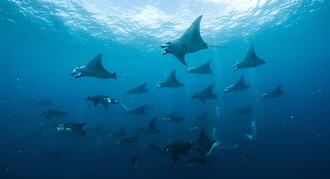 Graceful Manta Rays Swimming in Blue Ocean Waters Underwater Scene