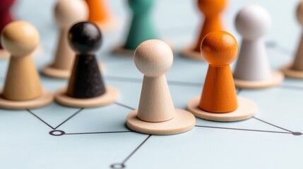 Colorful wooden game pieces arranged on a board with connecting lines, symbolizing strategy and game dynamics, Perfect for articles on gaming, teamwork, or strategic planning,