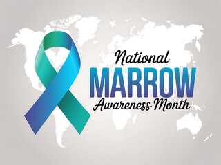 Teal and blue ribbon symbolizes national marrow awareness month on a world map background