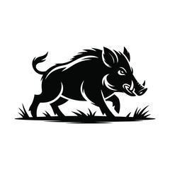 Stylized black silhouette of a wild boar running through grass