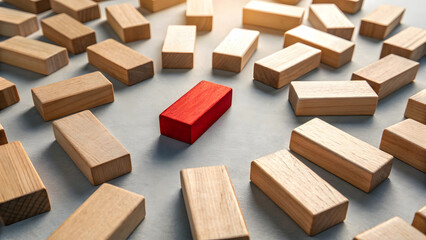 Red Block Standing Out Symbolic Representation of Being Different and Unique in a Crowd The Leader in the Center One Red Wooden Rectangle Surrounded by Identical Natural Blocks