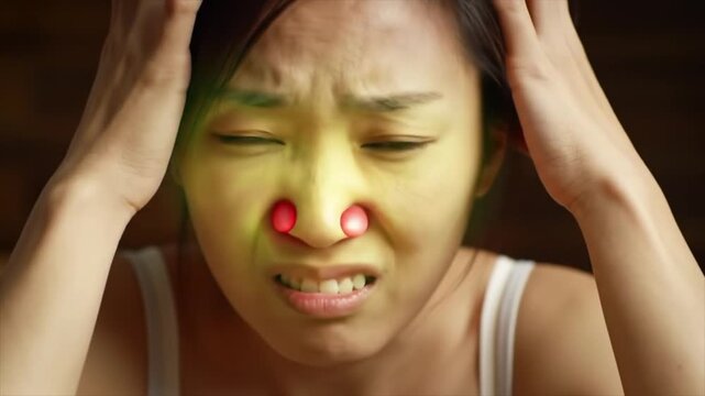 Person with sinus pressure and congestion, visualized with a glowing sinus overlay.