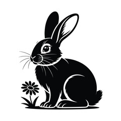 Obraz premium Black rabbit silhouette with flower and grass illustration