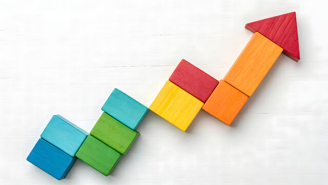 Vibrant Wooden Blocks Arranged as an Upward Trending Growth Arrow on a White Wood Background Flat Lay Conceptual Image of Business Progress and Rainbow Success with Colorful Building Blocks