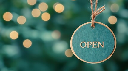 A decorative OPEN sign hangs against a blurred backdrop of soft bokeh lights, ideal for use in advertising, business promotions, or social media posts to signify welcoming service,