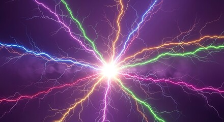 Colorful lightning bolts radiating from a bright central explosion