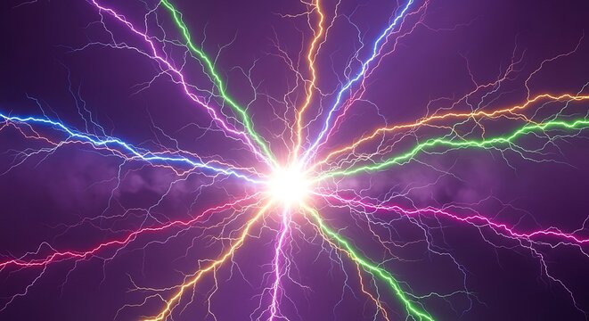 Colorful lightning bolts radiating from a bright central explosion