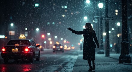A person in a dark coat stands on a snowy urban sidewalk at night, hailing a passing taxi under the glow of streetlights and falling snowflakes.
