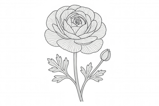 Ranunculus flower botanical line art drawing with bud and leaves, black and white illustration on transparent background