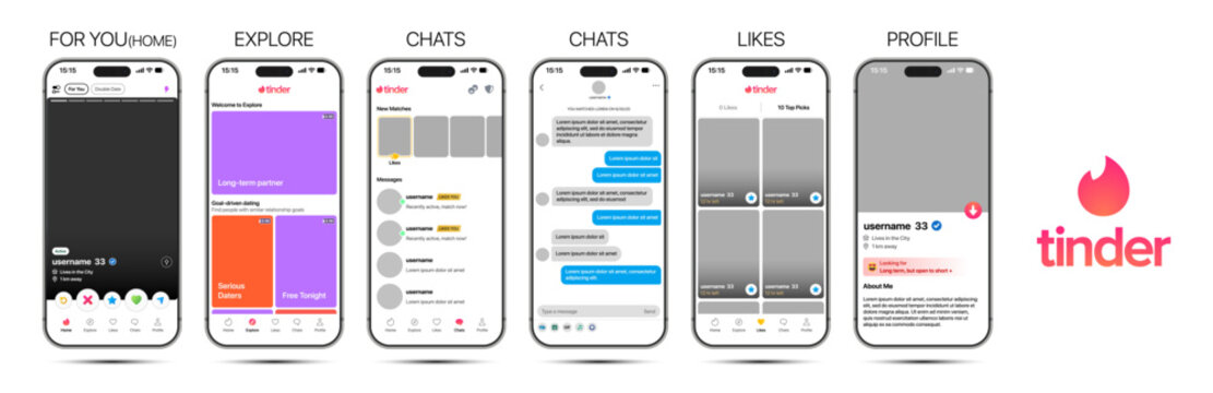 Tinder mobile app mockup 2025 with swipe cards, profile photos, bio, heart and cross buttons, match layout, chat interface, and interactive dating UI