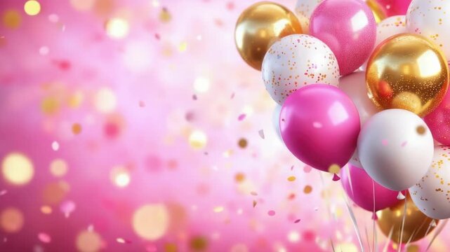Joyful party still life with pink magenta gold helium balloons and flying confetti for birthday anniversary celebration or greeting card for holiday or happy event