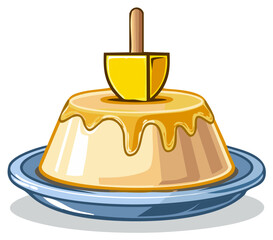 Cartoon Flan Dessert with Dreidel, Isolated Illustration of Sweet Baked Food on Plate