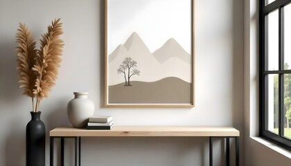 Minimalist interior design featuring a framed landscape painting with mountains and trees , a vase with pampas grass , and a console table against a neutral wall.