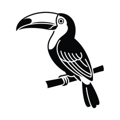 Stylized black and white toucan perched on a branch