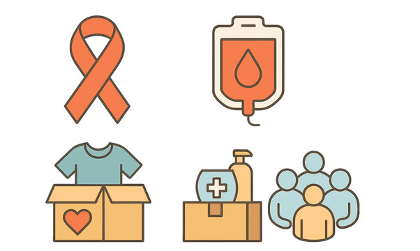 Health awareness symbols representing support, blood donation, and community care initiatives in a colorful design - Powered by Adobe