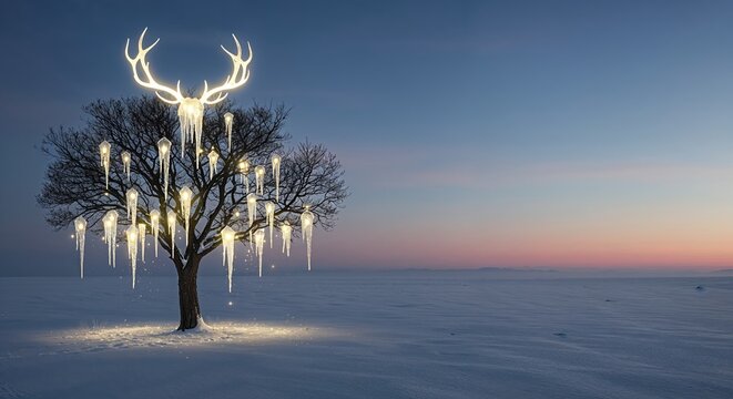 A mystical bare tree adorned with glowing deer antlers and luminous icicles stands in a vast snow-covered field under a serene twilight sky.