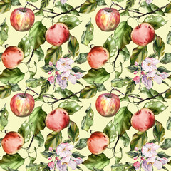 Seamless watercolor pattern with apples, branches, and leaves. Perfect for textile design, wallpaper, wrapping paper, kitchen decor, packaging, autumn themes, and botanical illustrations.