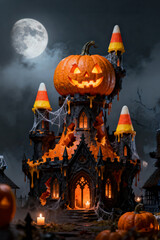 Spooky jack-o'-lantern gothic candy castle with full moon, dripping caramel, and cobwebs on halloween night.