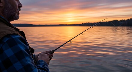 Man fishing peacefully on a calm lake at sunrise, enjoying nature and serene morning light