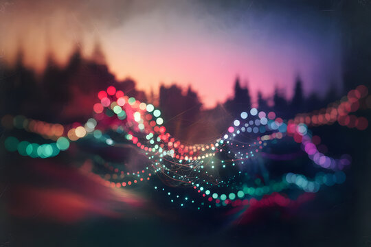 An abstract fractal backdrop of colorful lights shows a golden DNA helix pattern with motion like a wave of light and stream