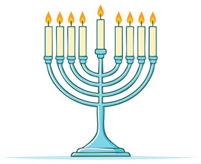 Illustration of a menorah with nine lit candles glowing brightly on a white background
